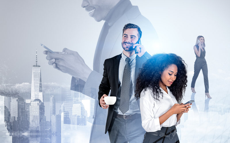 Varios perfiles de profesionales en negocios internacionales y comercio exterior.