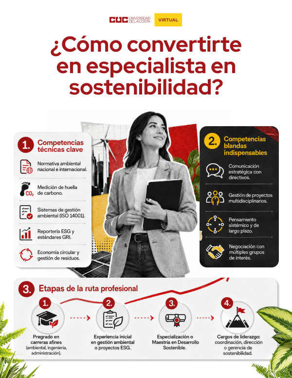 Infografía con las competencias necesarias para convertirse en especialista en sosteniblidad